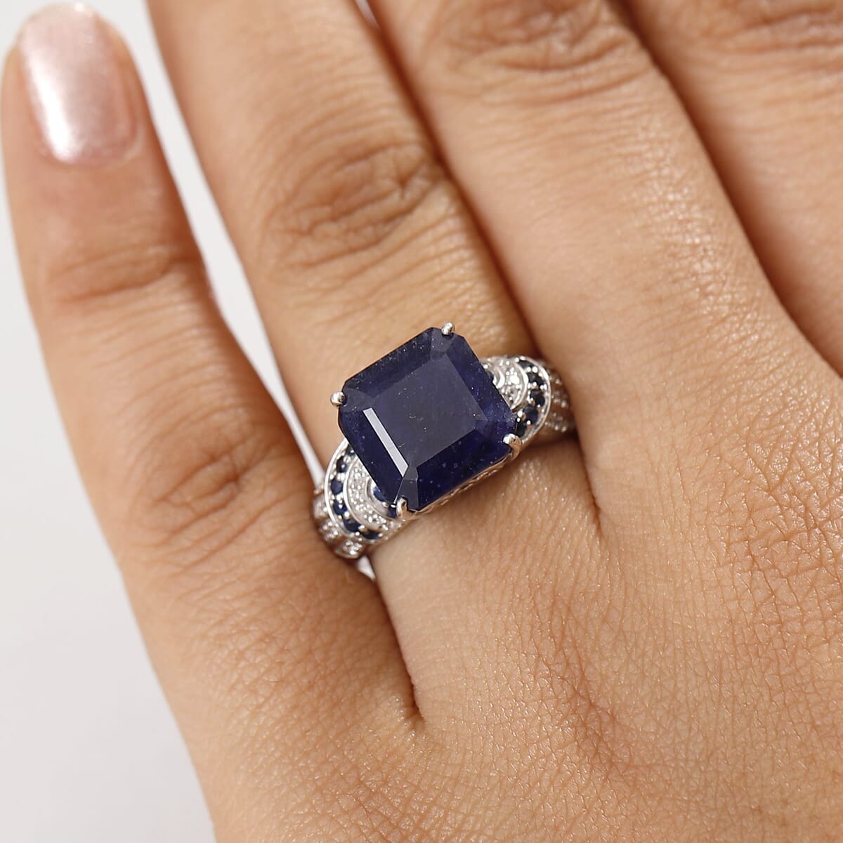Asscher Cut Masoala Sapphire (D) and Multi Gemstone 11.30 ctw Majestic Wave Ring in Rhodium Over Sterling Silver (Size 10.0) image number 2