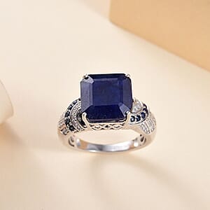 D'Joy Asscher Cut Masoala Sapphire (D) and Multi Gemstone 11.30 ctw Majestic Wave Ring in Rhodium Over Sterling Silver (Size 5.0)