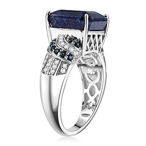 D'Joy Asscher Cut Masoala Sapphire (D) and Multi Gemstone 11.30 ctw Majestic Wave Ring in Rhodium Over Sterling Silver (Size 5.0)