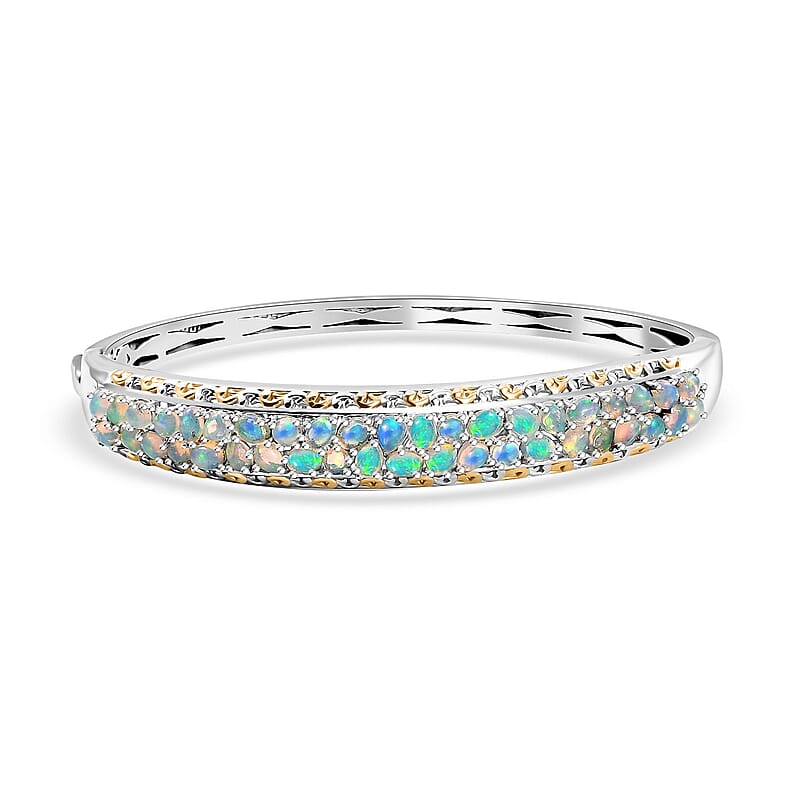Ethiopian Welo Opal 4.35 ctw Aurora Cascade Bangle Bracelet in 18K Vermeil YG and Rhodium Over Sterling Silver (6.50 In)