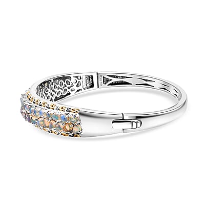 Ethiopian Welo Opal 4.35 ctw Aurora Cascade Bangle Bracelet in 18K Vermeil YG and Rhodium Over Sterling Silver (6.50 In)