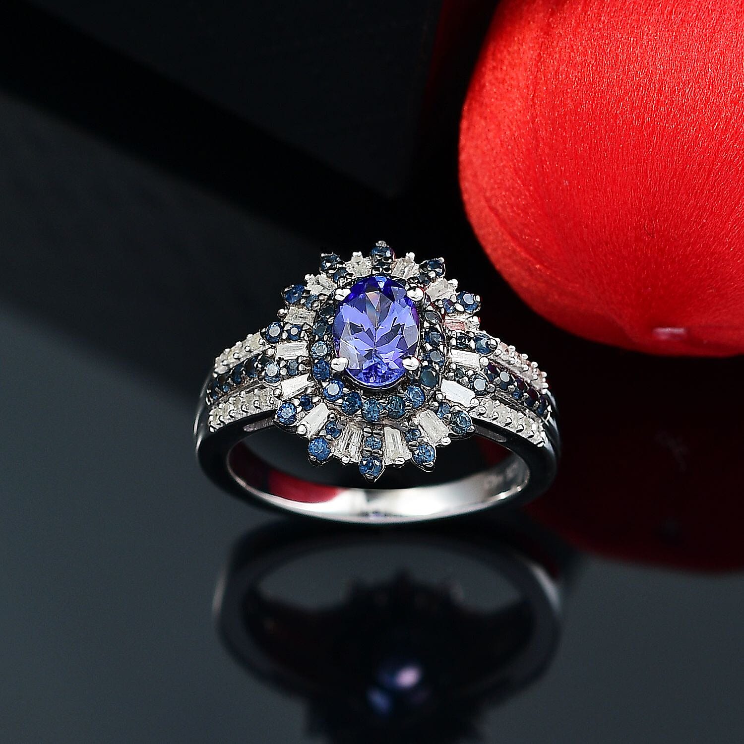 D'Joy AAA Tanzanite, Blue Sapphire and Diamond 1.90 ctw Starlight Crown Ring in Rhodium Over Sterling Silver (Size 10.0)