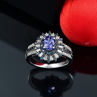 D'Joy AAA Tanzanite, Blue Sapphire and Diamond 1.90 ctw Starlight Crown Ring in Rhodium Over Sterling Silver (Size 10.0)
