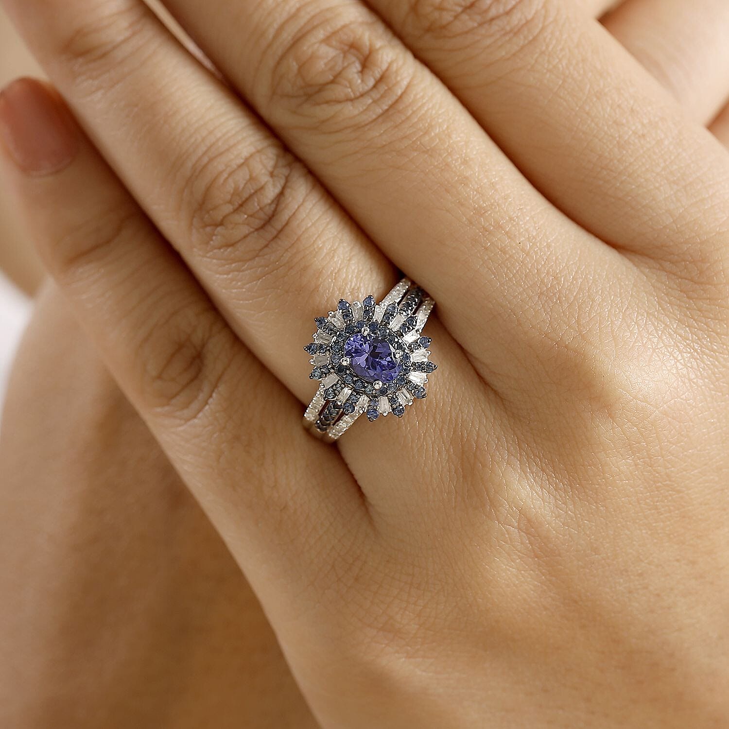 D'Joy AAA Tanzanite, Blue Sapphire and Diamond 1.90 ctw Starlight Crown Ring in Rhodium Over Sterling Silver (Size 10.0)
