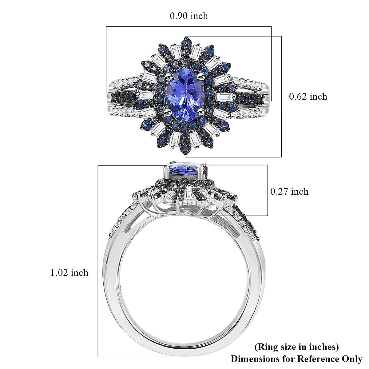 D'Joy AAA Tanzanite, Blue Sapphire and Diamond 1.90 ctw Starlight Crown Ring in Rhodium Over Sterling Silver (Size 10.0)
