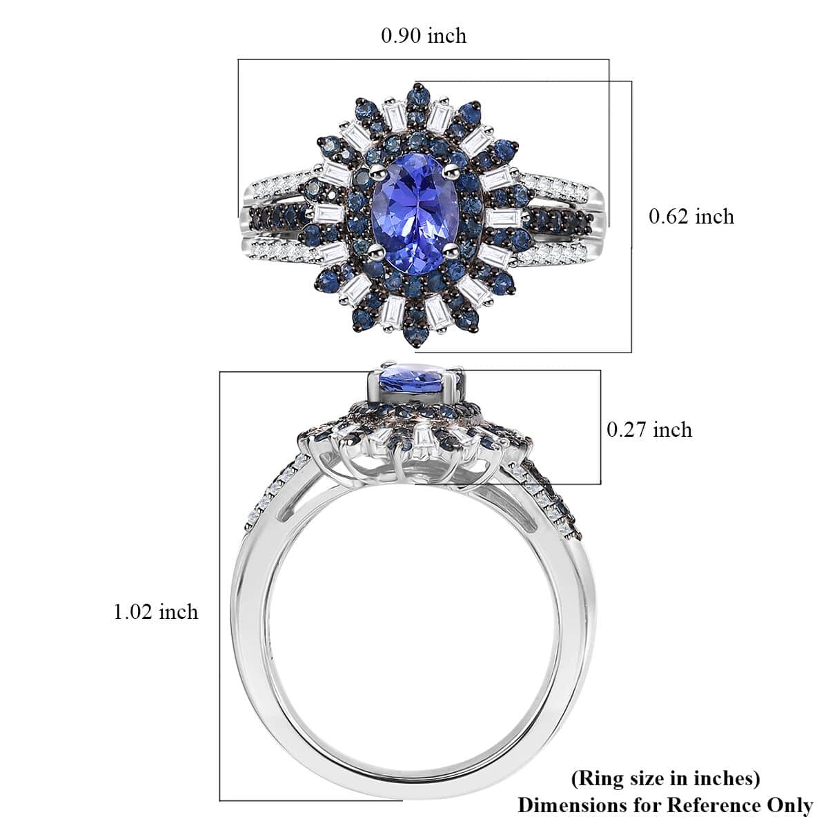 AAA Tanzanite, Blue Sapphire and Diamond 1.90 ctw Starlight Crown Ring in Rhodium Over Sterling Silver (Size 10.0) image number 5