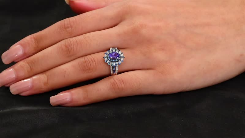 AAA Tanzanite, Blue Sapphire, Diamond (0.33 cts) Ring in Rhodium Over Sterling Silver (Size 10.0) 1.90 ctw