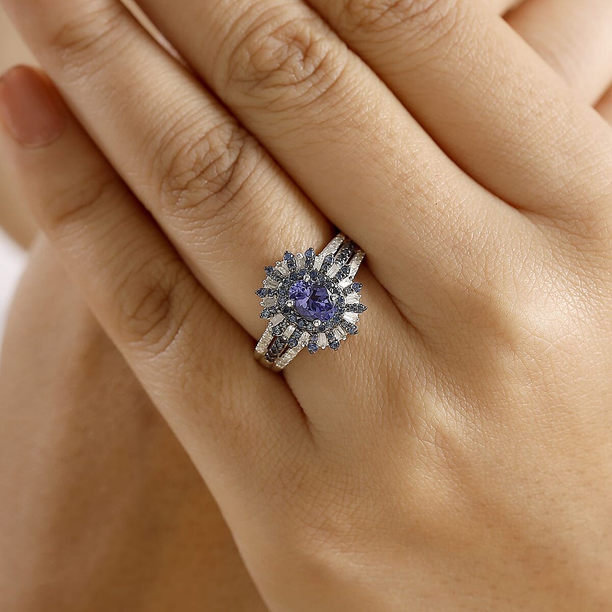D'Joy AAA Tanzanite, Blue Sapphire and Diamond 1.90 ctw Starlight Crown Ring in Rhodium Over Sterling Silver (Size 7.0) (Del. in 7-10 Days) image number 2