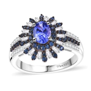 AAA Tanzanite, Blue Sapphire and Diamond 1.90 ctw Starlight Crown Ring in Rhodium Over Sterling Silver (Size 8.0)