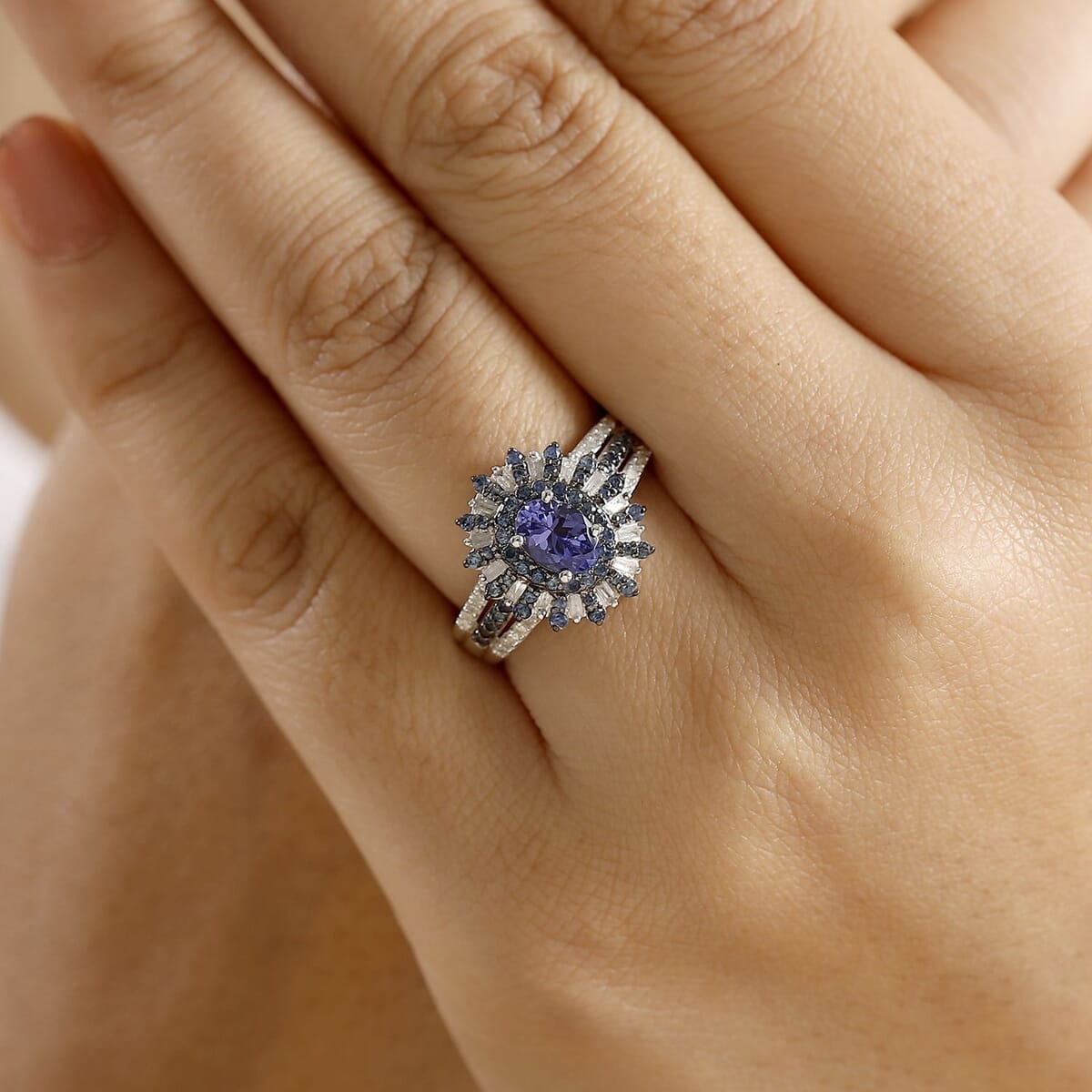 AAA Tanzanite, Blue Sapphire and Diamond 1.90 ctw Starlight Crown Ring in Rhodium Over Sterling Silver (Size 8.0) image number 2