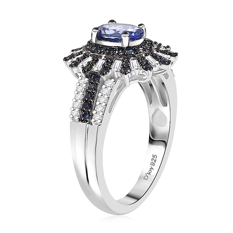 AAA Tanzanite, Blue Sapphire and Diamond 1.90 ctw Starlight Crown Ring in Rhodium Over Sterling Silver (Size 8.0)