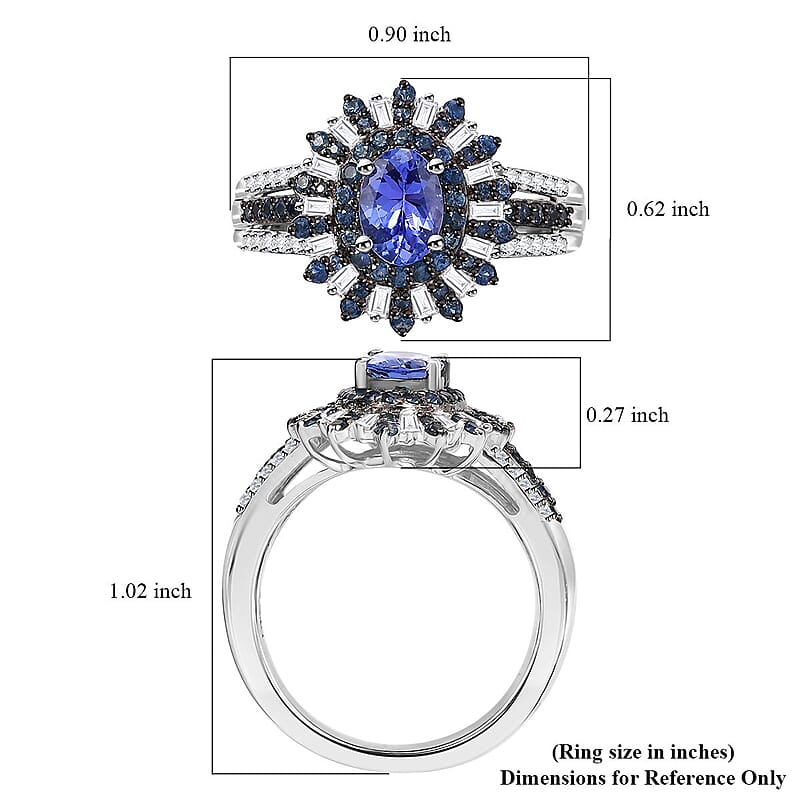AAA Tanzanite, Blue Sapphire and Diamond 1.90 ctw Starlight Crown Ring in Rhodium Over Sterling Silver (Size 8.0)