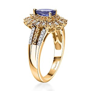 AAA Tanzanite, Yellow Sapphire and Diamond 1.80 ctw Starlight Crown Ring in 18K Vermeil Yellow Gold Over Sterling Silver (Size 7.0)