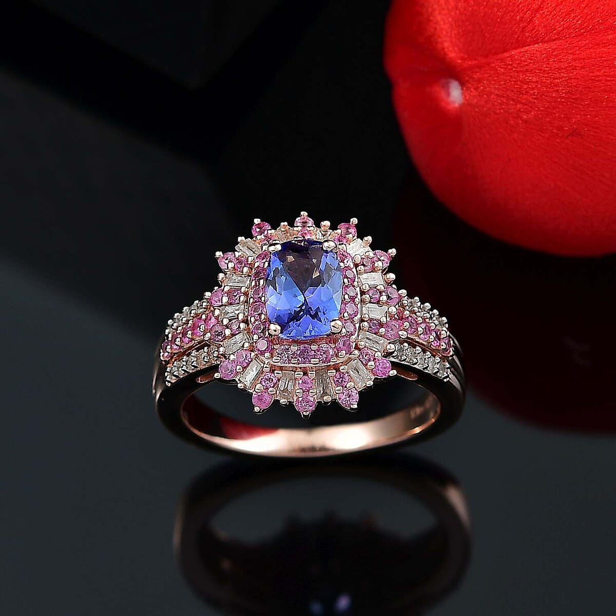AAA Tanzanite, Pink Sapphire and Diamond 1.85 ctw Starlight Ring in 18K Vermeil Rose Gold Over Sterling Silver (Size 6.0) image number 1