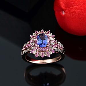 AAA Tanzanite, Pink Sapphire and Diamond 1.85 ctw Starlight Ring in 18K Vermeil Rose Gold Over Sterling Silver (Size 6.0)