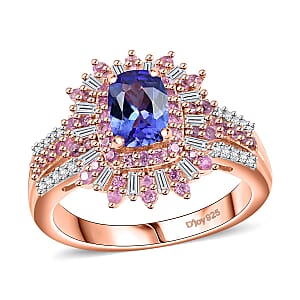 AAA Tanzanite, Pink Sapphire and Diamond 1.85 ctw Starlight Ring in 18K Vermeil Rose Gold Over Sterling Silver (Size 8.0)