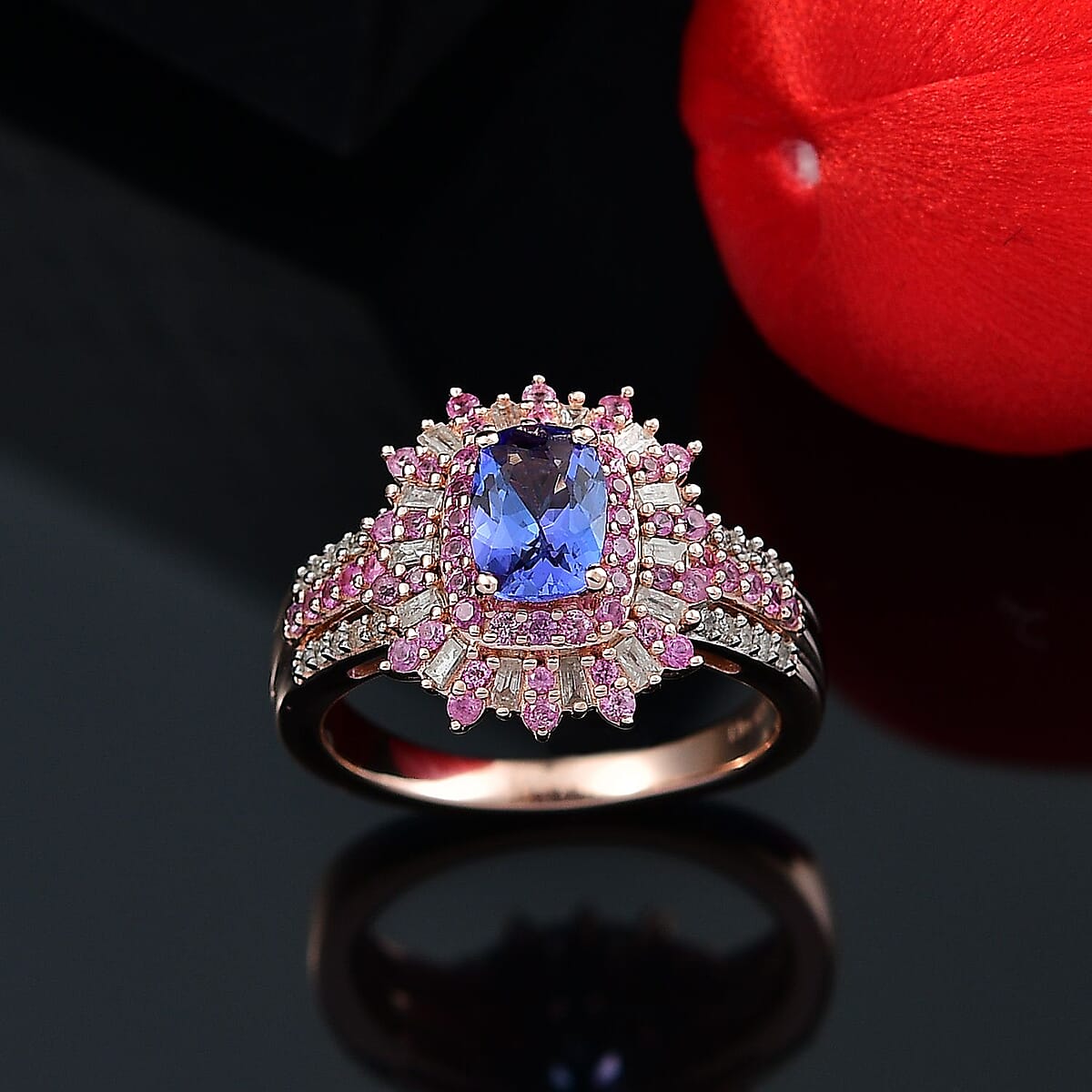 AAA Tanzanite, Pink Sapphire and Diamond 1.85 ctw Starlight Ring in 18K Vermeil Rose Gold Over Sterling Silver (Size 8.0) image number 1