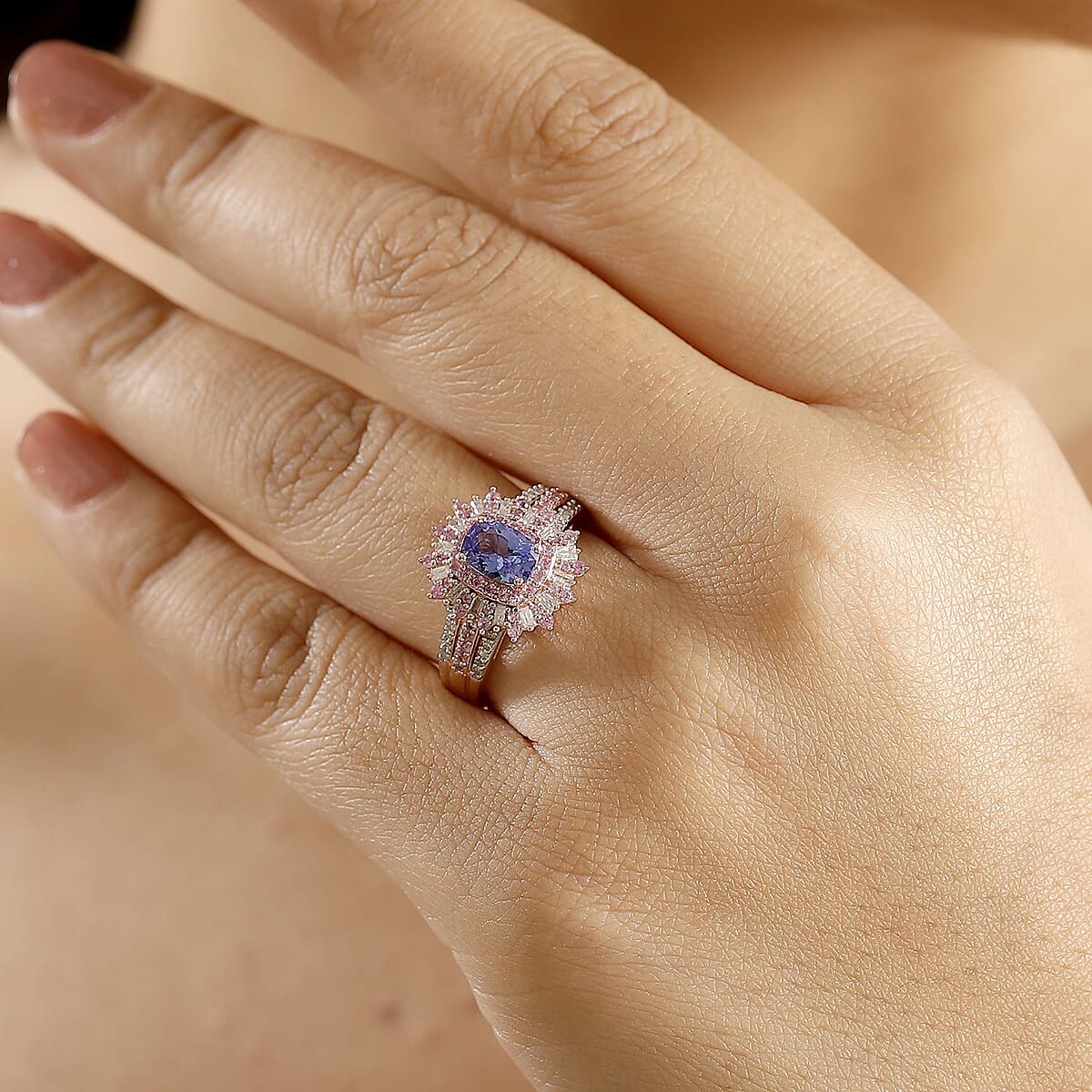 AAA Tanzanite, Pink Sapphire and Diamond 1.85 ctw Starlight Ring in 18K Vermeil Rose Gold Over Sterling Silver (Size 8.0) image number 2