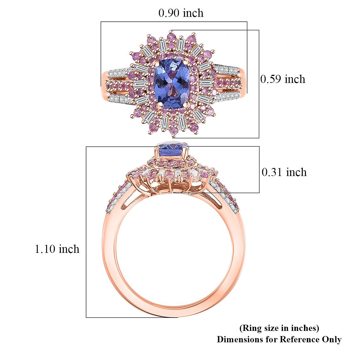 AAA Tanzanite, Pink Sapphire and Diamond 1.85 ctw Starlight Ring in 18K Vermeil Rose Gold Over Sterling Silver (Size 8.0) image number 5