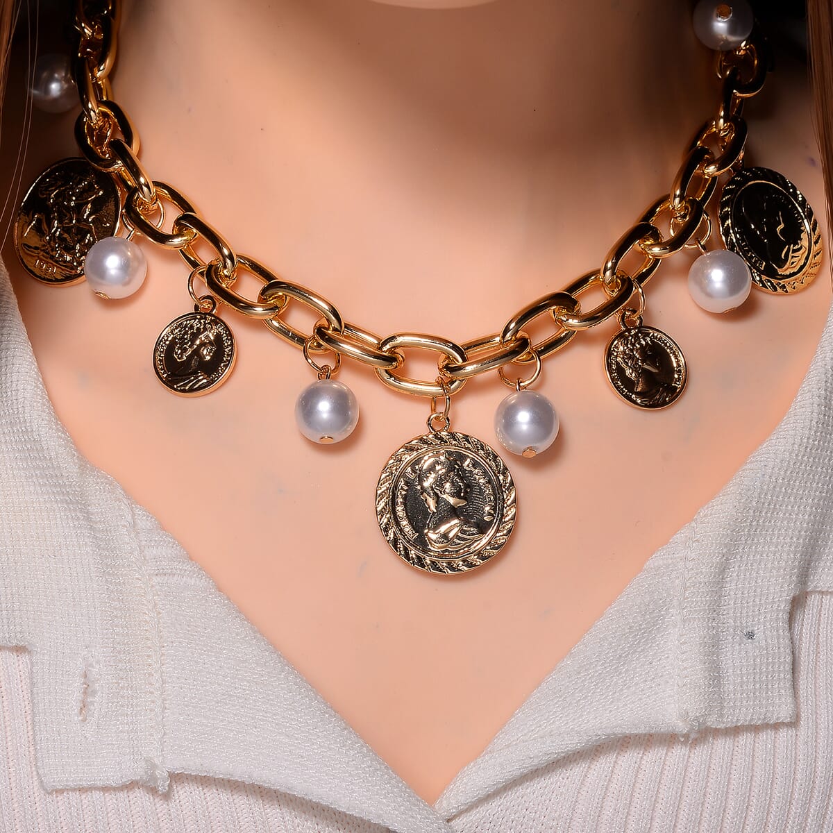 Simulated Pearl Charm Necklace in Goldtone 20 Inches image number 1