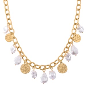 Simulated Pearl Charm Necklace 20-22 Inches in Goldtone