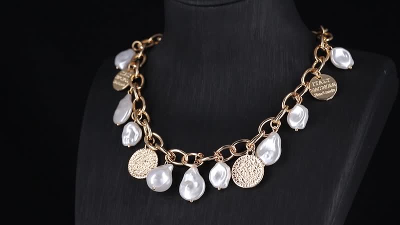Simulated Pearl Charm Necklace 20-22 Inches in Goldtone