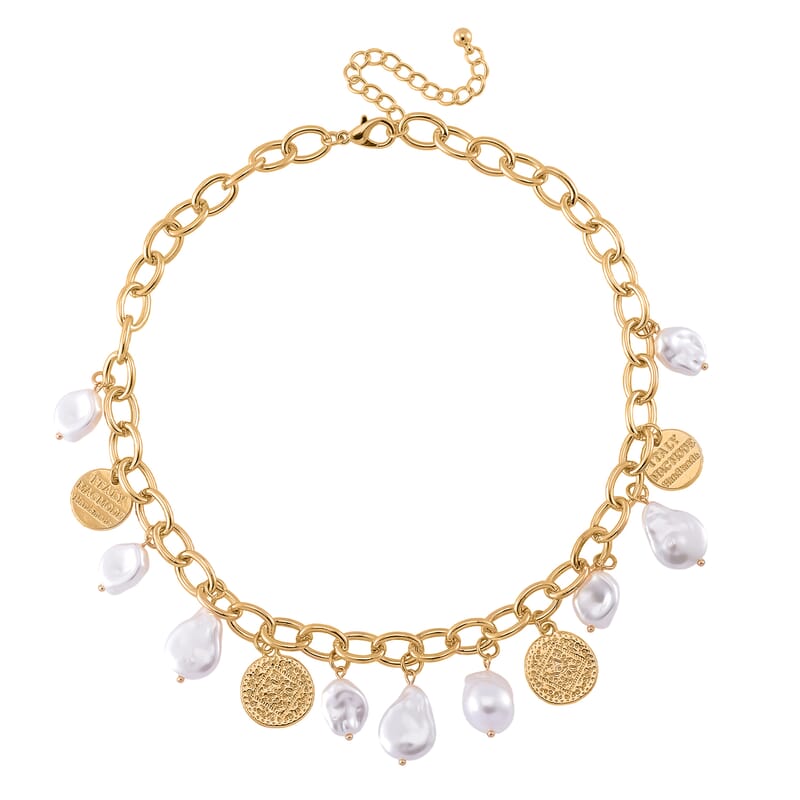 Simulated Pearl Charm Necklace 20-22 Inches in Goldtone