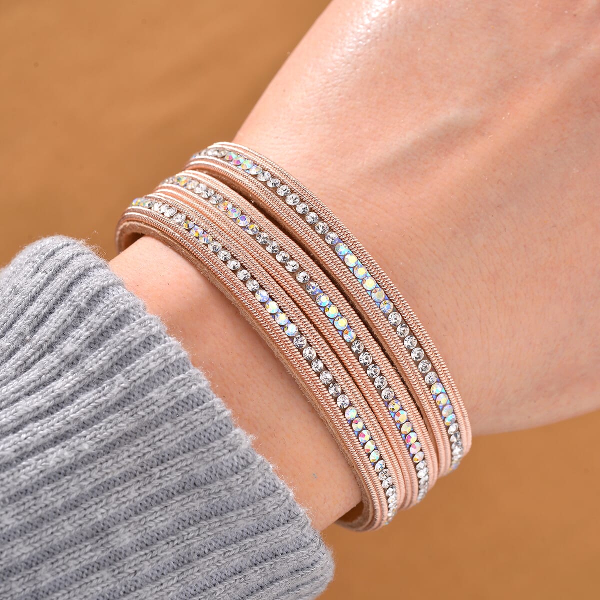 White Aurora Borealis Austrian Crystal Bracelet in Rosetone (7.50 In) image number 1