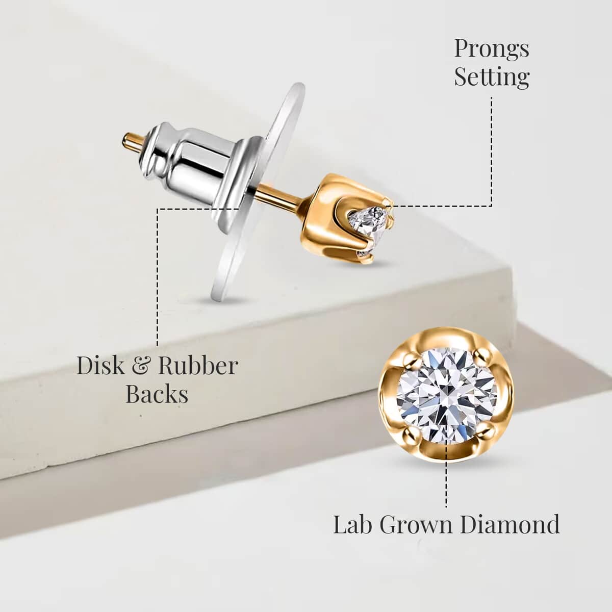 Luxuriant Lab Grown Diamond (I2) 0.20 ctw Solitaire Stud Earrings in 18K Vermeil Yellow Gold Over Sterling Silver image number 4