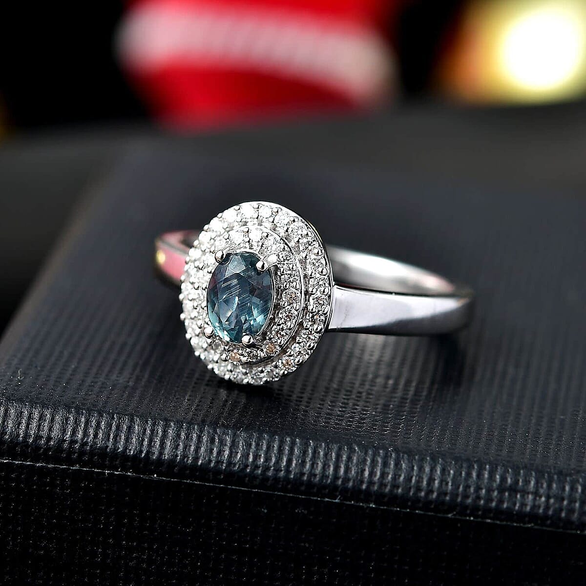 Luxoro AAA Narsipatnam Alexandrite and G-H I2 Diamond 0.85 ctw Double Halo Ring in 10K White Gold (Size 6.5) image number 1