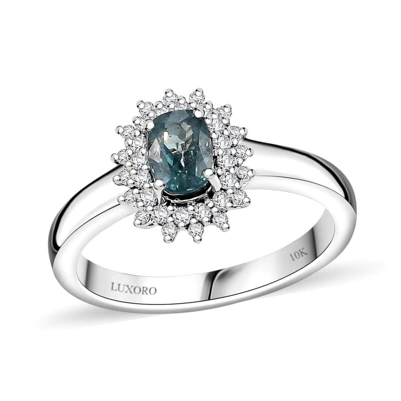 Luxoro AAA Narsipatnam Alexandrite and G-H I2 Diamond 0.90 ctw Double Halo Ring in 10K White Gold (Size 10.0)