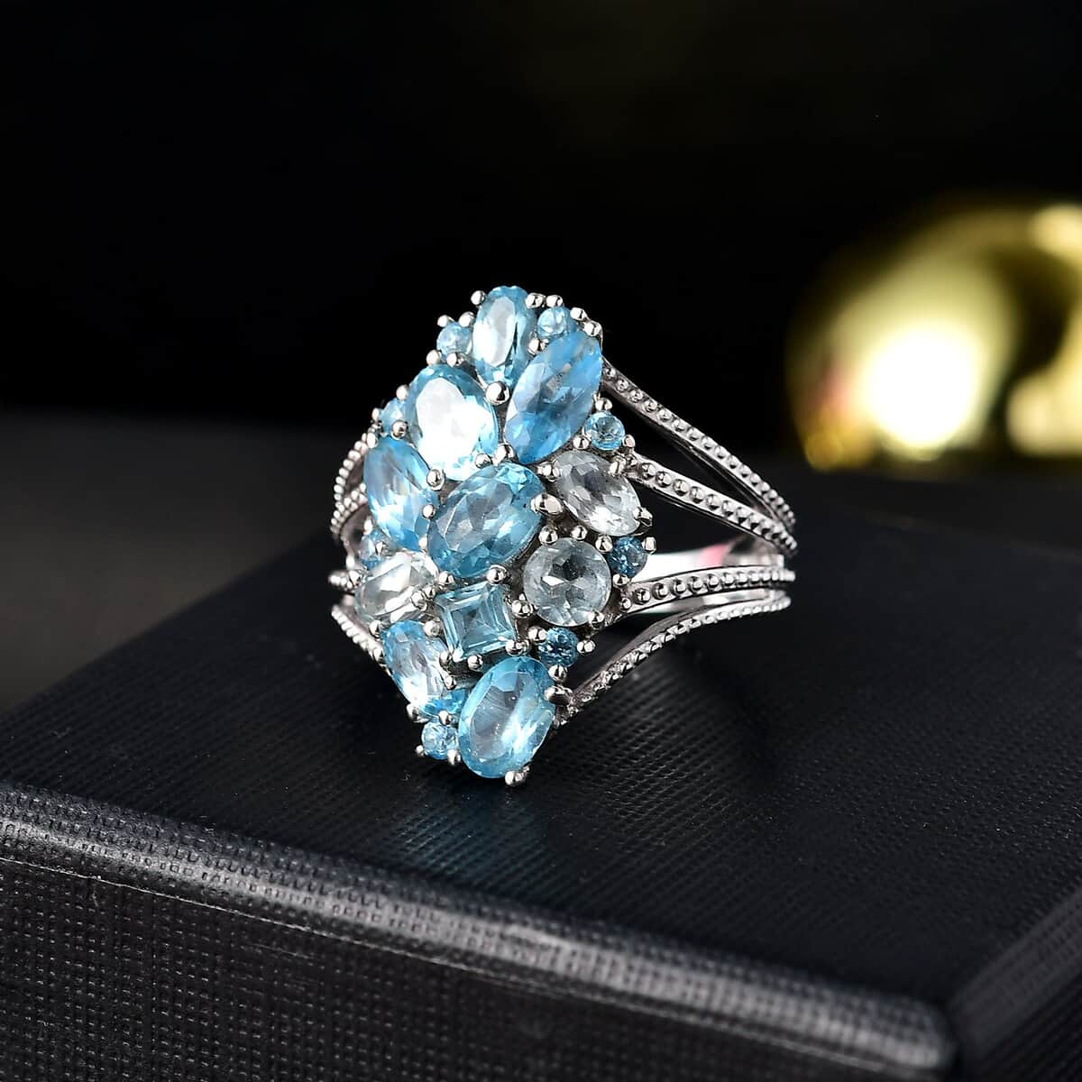 Color of Multi Blue Topaz 4.35 ctw Ocean Serenade Ring in Platinum Over Sterling Silver (Size 10.0) image number 1