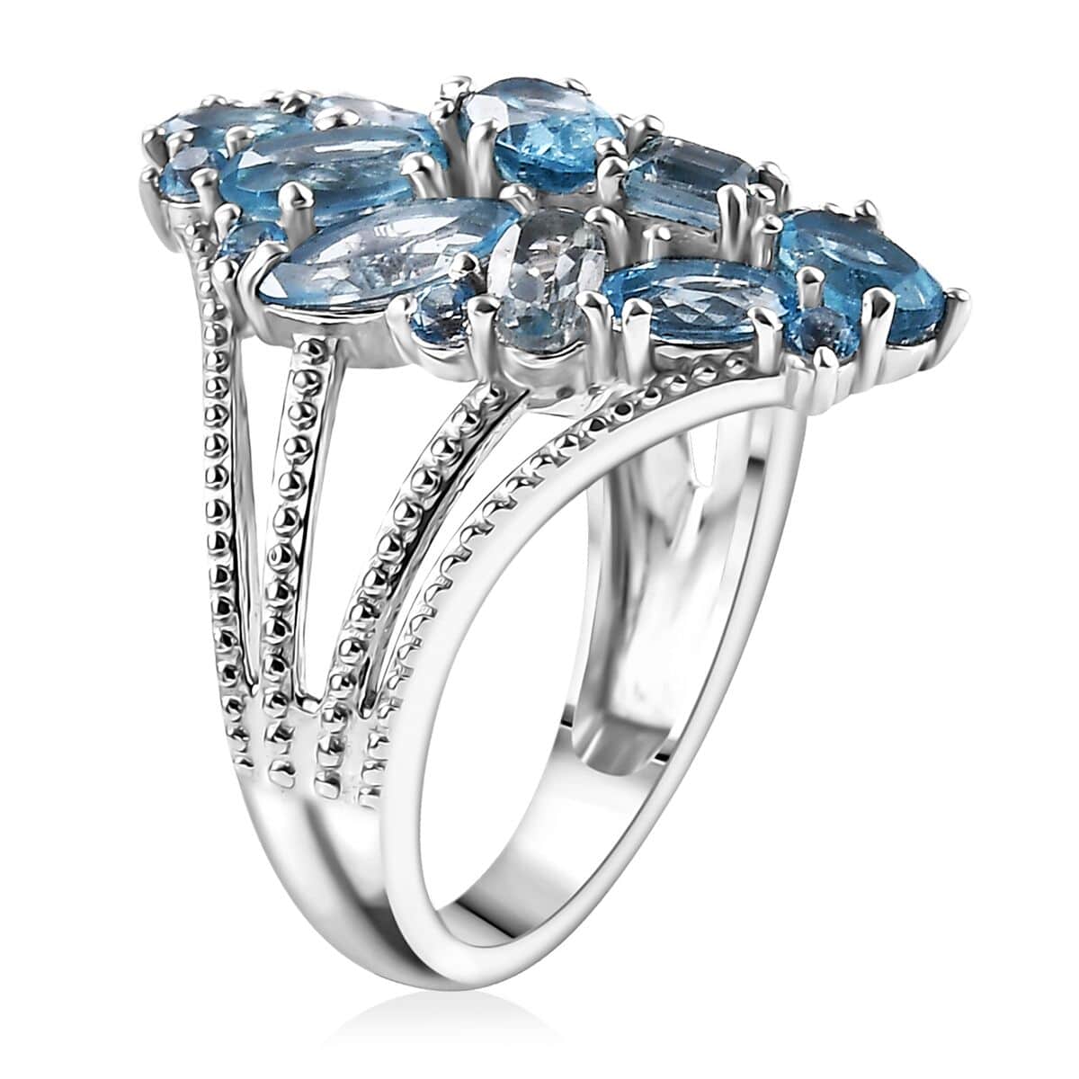 Color of Multi Blue Topaz 4.35 ctw Ocean Serenade Ring in Platinum Over Sterling Silver (Size 10.0) image number 3