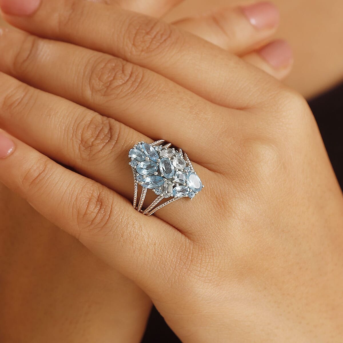 D'Joy Color of Multi Blue Topaz 4.35 ctw Ocean Serenade Ring in Platinum Over Sterling Silver (Size 6.0) image number 2