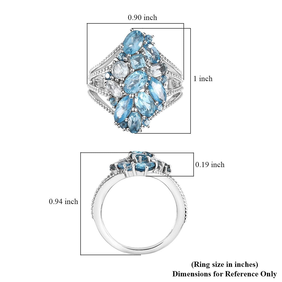 D'Joy Color of Multi Blue Topaz 4.35 ctw Ocean Serenade Ring in Platinum Over Sterling Silver (Size 6.0) image number 5