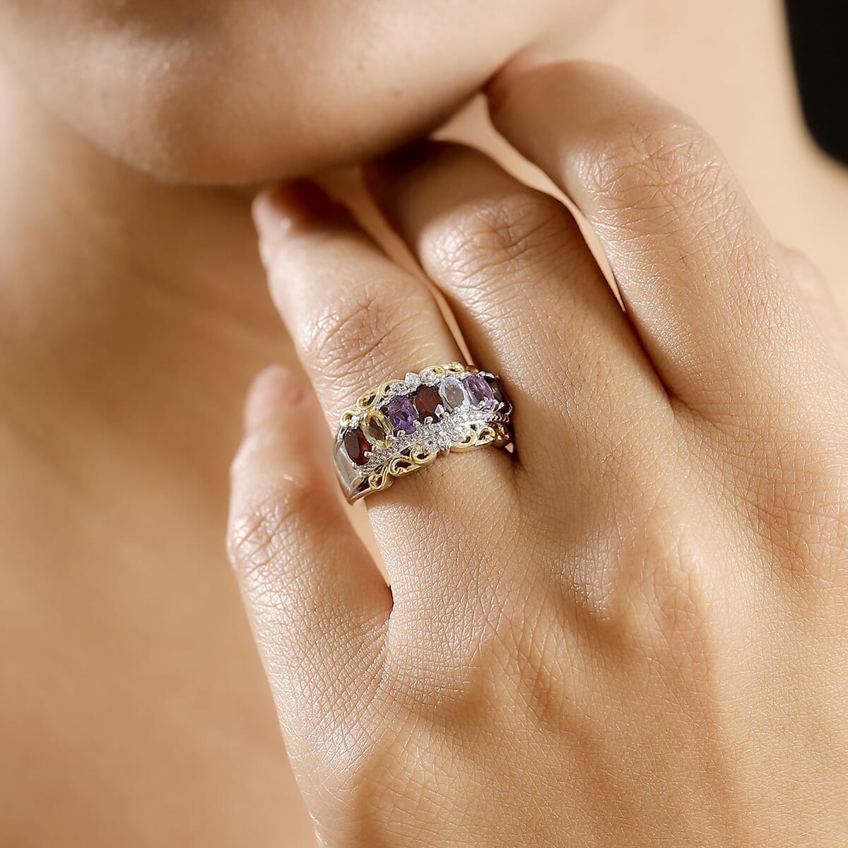 Karis Multi Gemstone 1.60 ctw Ring in 18K YG Plated and Platinum Bond (Size 9.0) image number 2