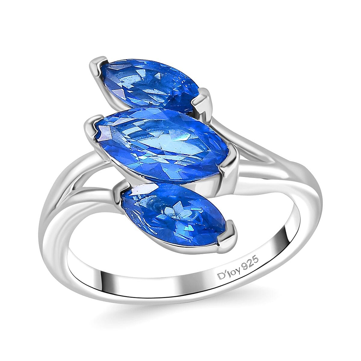 Signity Electric Blue Topaz 3 Stone Ring in Platinum Over Sterling Silver (Size 6.0) 2.40 ctw