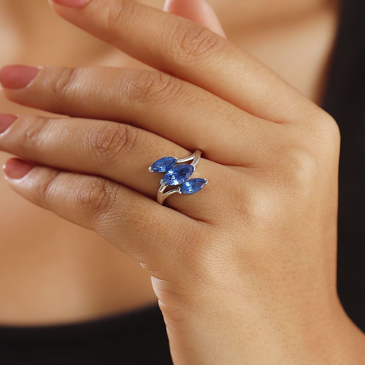 Signity Electric Blue Topaz 2.40 ctw 3 Stone Ring in Platinum Over Sterling Silver (Size 9.0) image number 2