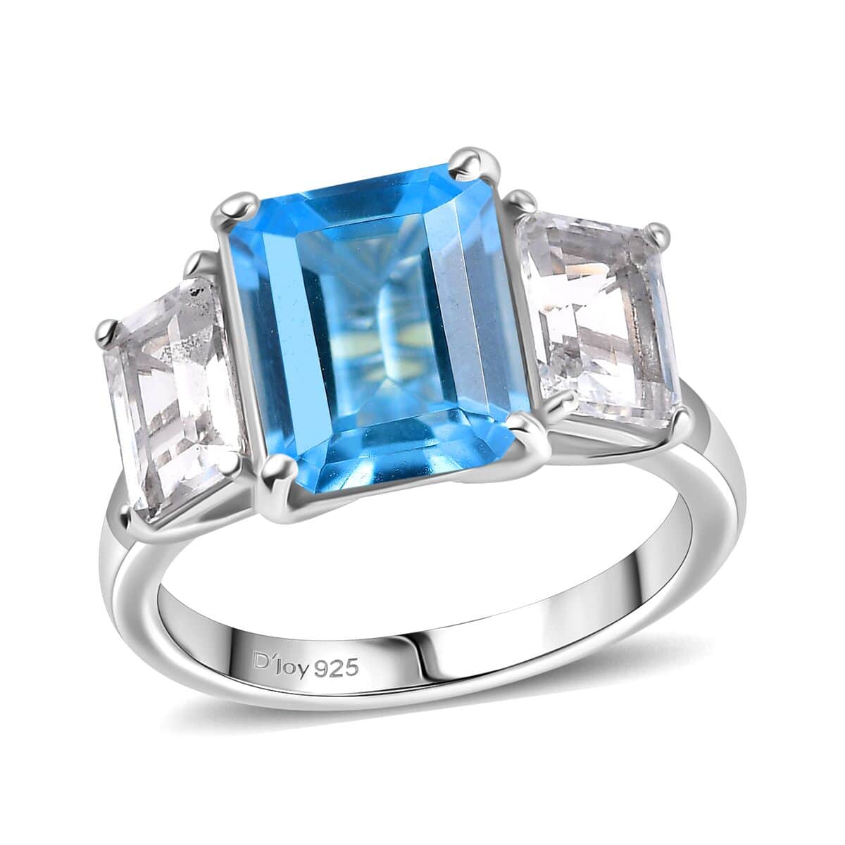 Swiss Blue Topaz and White Topaz 7.70 ctw 3 Stone Ring in Platinum Over Sterling Silver (Size 10.0) image number 0