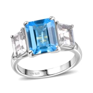 Swiss Blue Topaz and White Topaz 7.70 ctw 3 Stone Ring in Platinum Over Sterling Silver (Size 10.0)