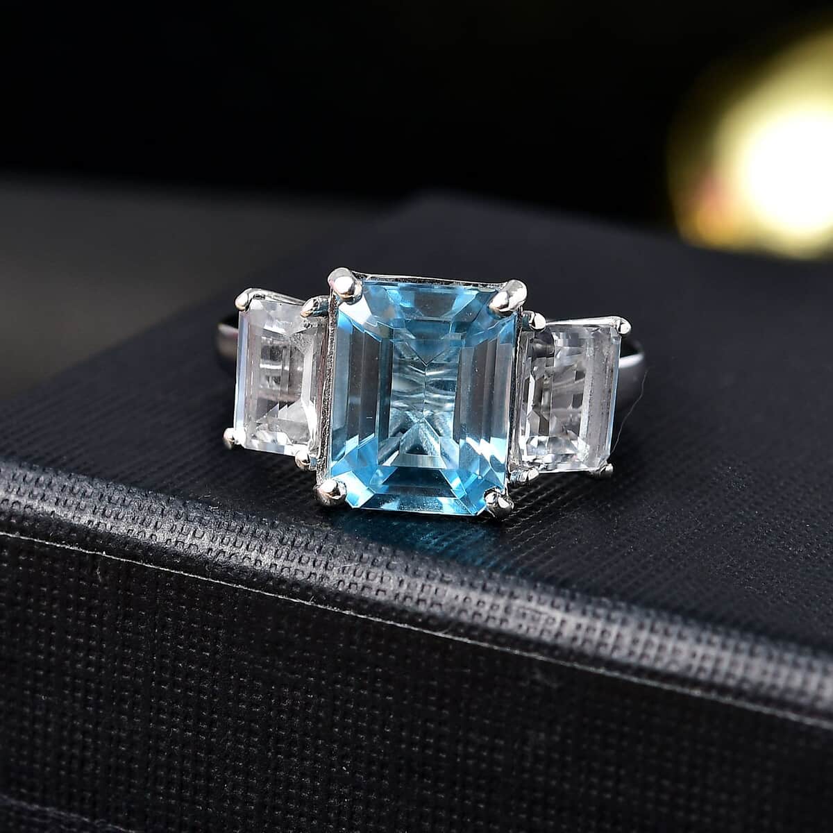 Swiss Blue Topaz and White Topaz 7.70 ctw 3 Stone Ring in Platinum Over Sterling Silver (Size 10.0) image number 1