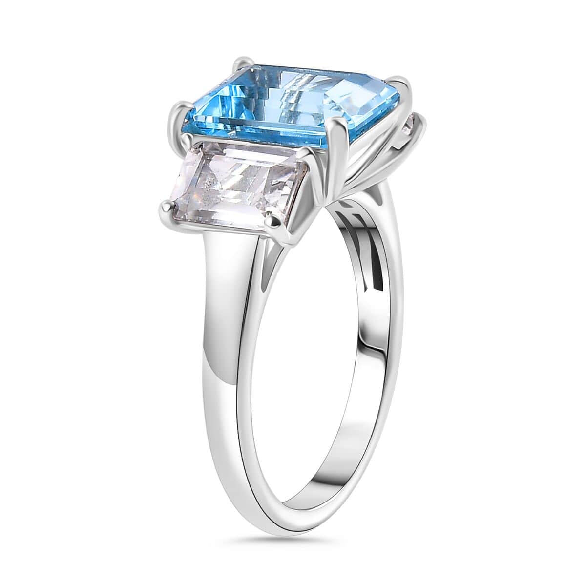 Swiss Blue Topaz and White Topaz 7.70 ctw 3 Stone Ring in Platinum Over Sterling Silver (Size 10.0) image number 3