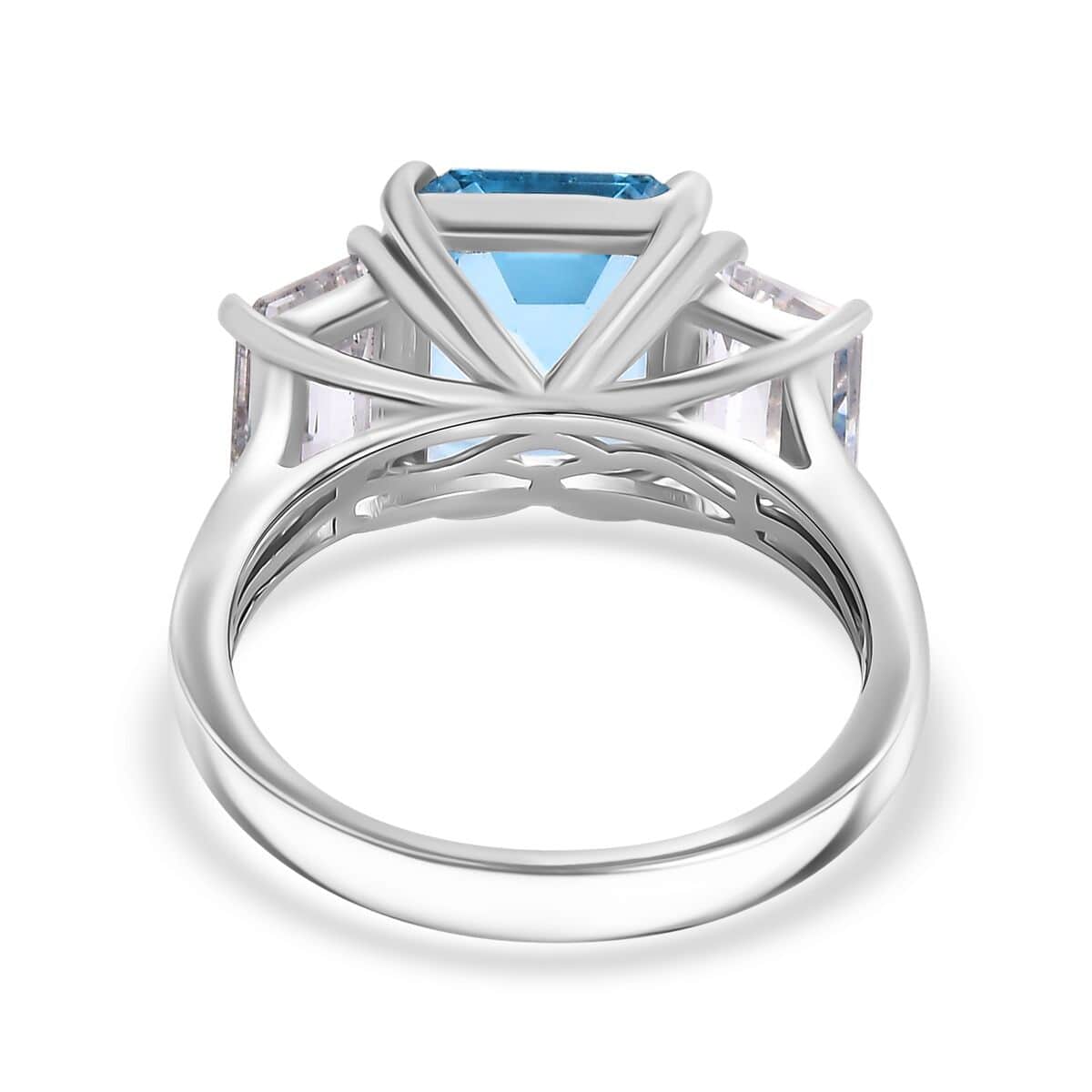 Swiss Blue Topaz and White Topaz 7.70 ctw 3 Stone Ring in Platinum Over Sterling Silver (Size 10.0) image number 4