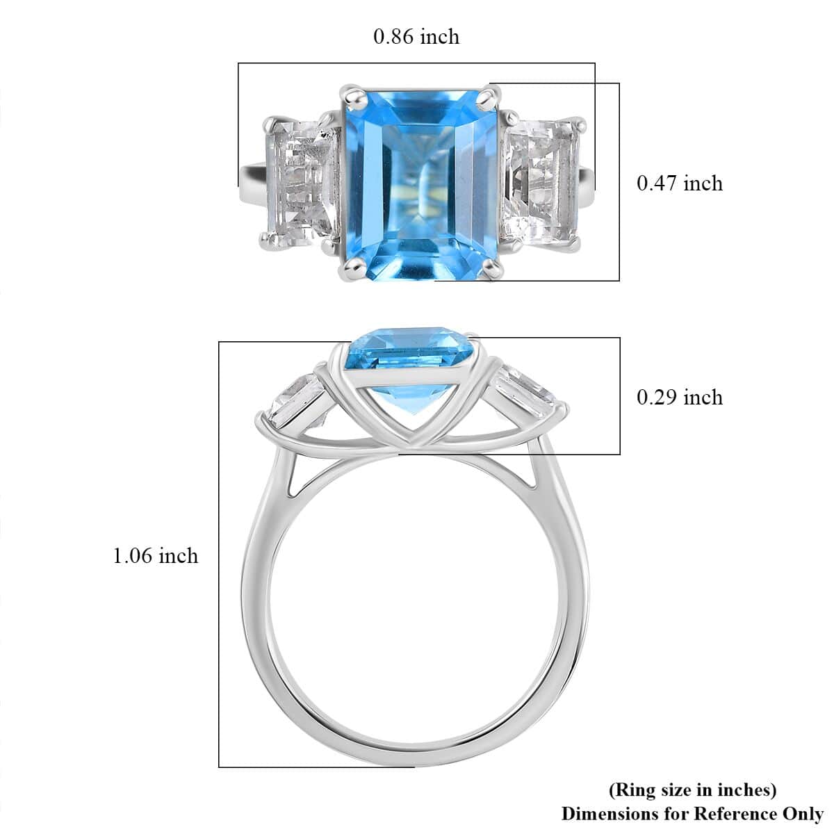 Swiss Blue Topaz and White Topaz 7.70 ctw 3 Stone Ring in Platinum Over Sterling Silver (Size 10.0) image number 5