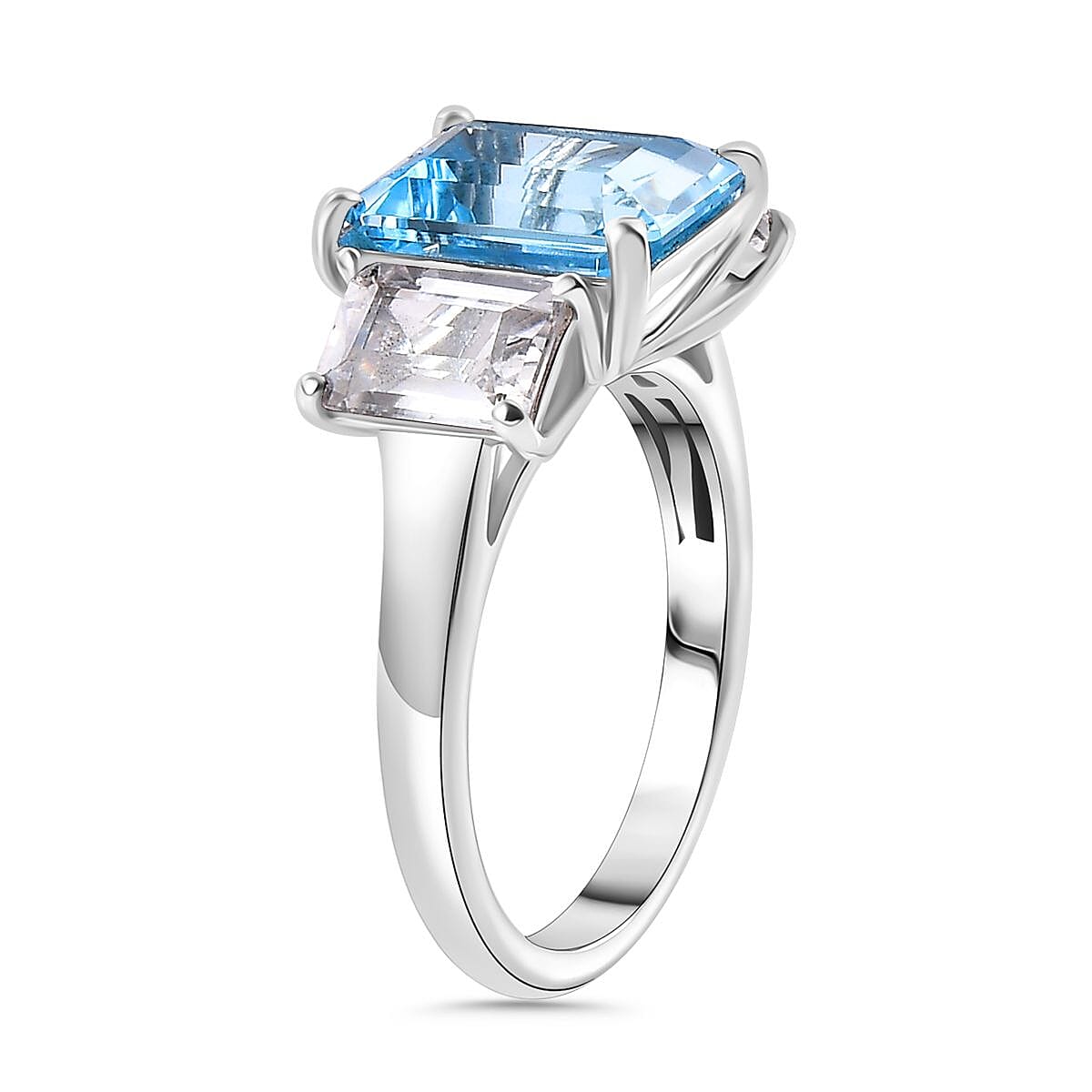 D'Joy Swiss Blue Topaz and White Topaz 7.70 ctw 3 Stone Ring in Platinum Over Sterling Silver (Size 7.0) image number 3