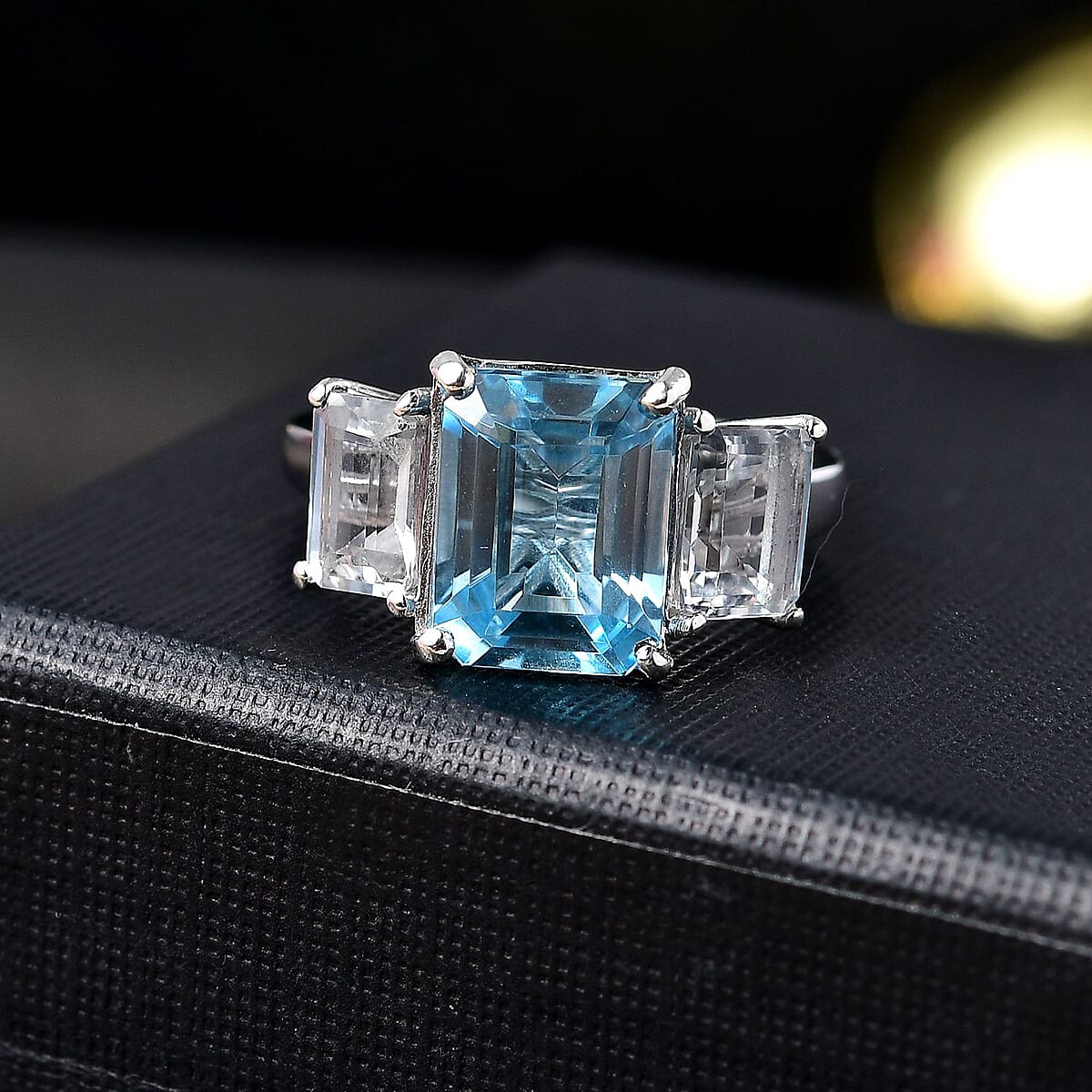 D'Joy Swiss Blue Topaz and White Topaz 7.70 ctw 3 Stone Ring in Platinum Over Sterling Silver (Size 8.0) image number 1