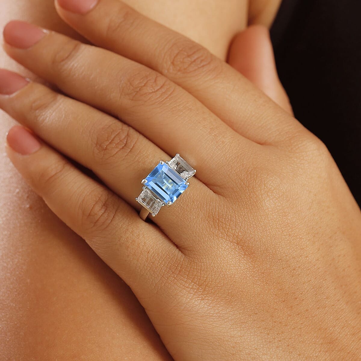 D'Joy Swiss Blue Topaz and White Topaz 7.70 ctw 3 Stone Ring in Platinum Over Sterling Silver (Size 8.0) image number 2