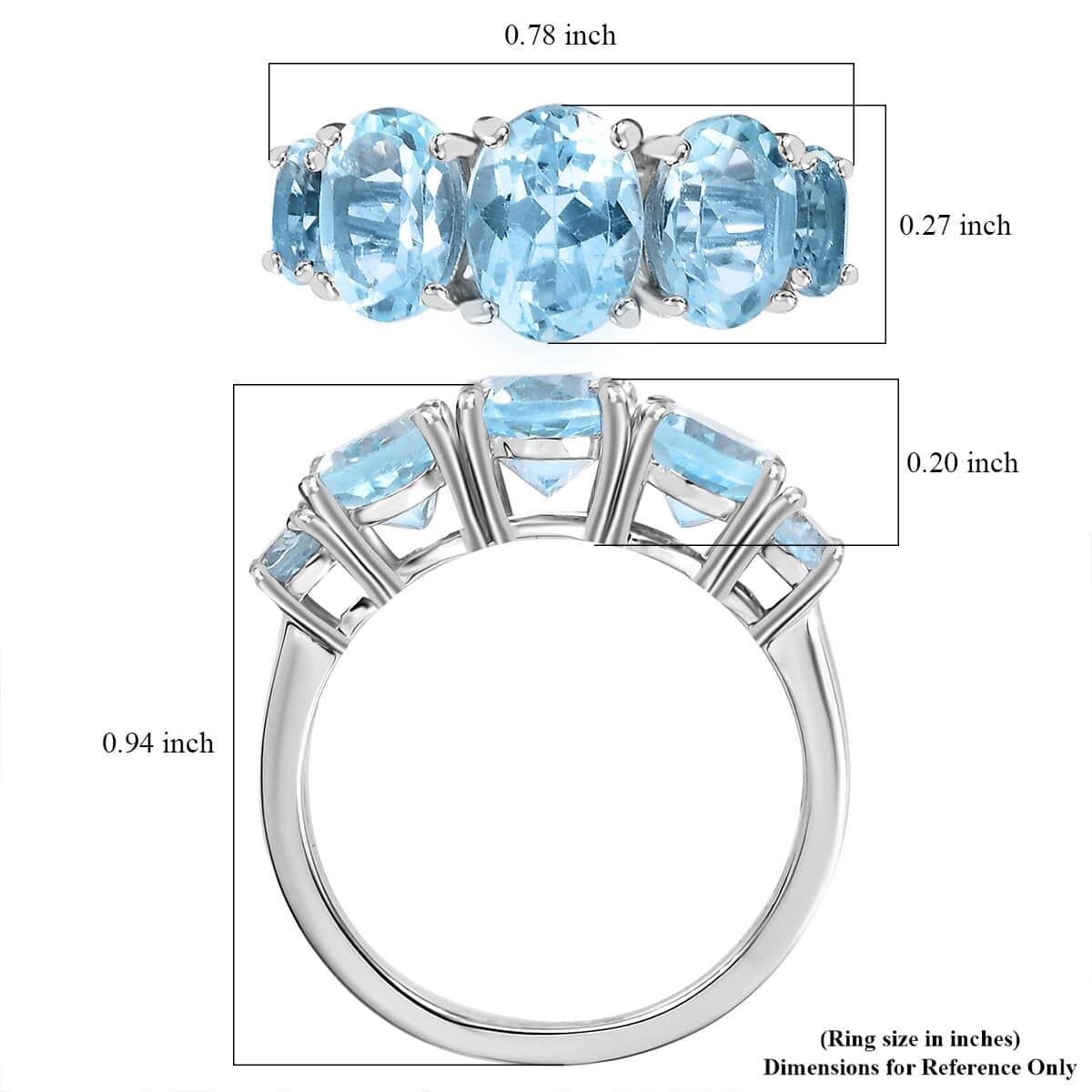 Sky Blue Topaz 3.85 ctw 5 Stone Ring in Platinum Over Sterling Silver (Size 10.0) image number 5