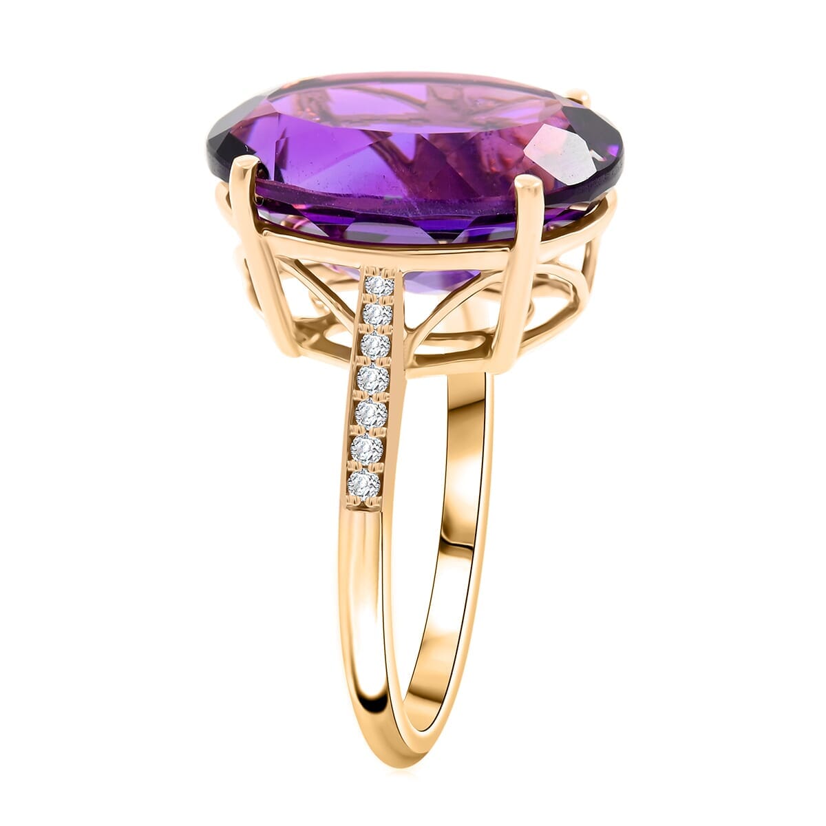 Luxoro AAA Lusaka Amethyst and G-H I2 Diamond 9.15 ctw Ring in 10K Yellow Gold (Size 10.0) image number 3