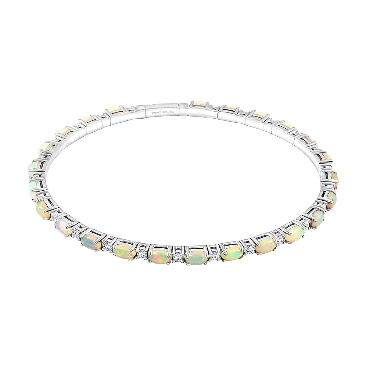 Modani Ethiopian Welo Opal and White Topaz 6.21 ctw Bangle Bracelet (8.00 In) in Sterling Silver with 1.5g Titanium Spring image number 0